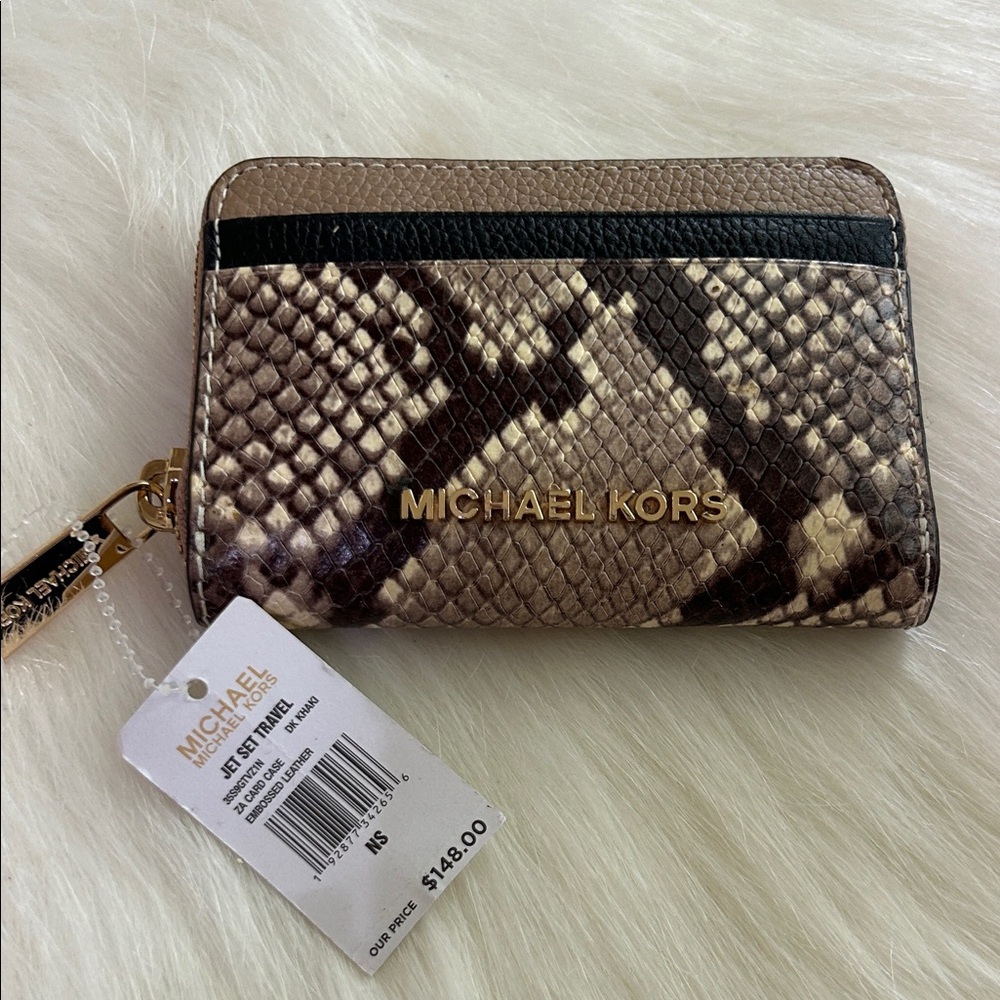 MICHAEL KORS Metallic Brown Snake-Print Card Case Wallet